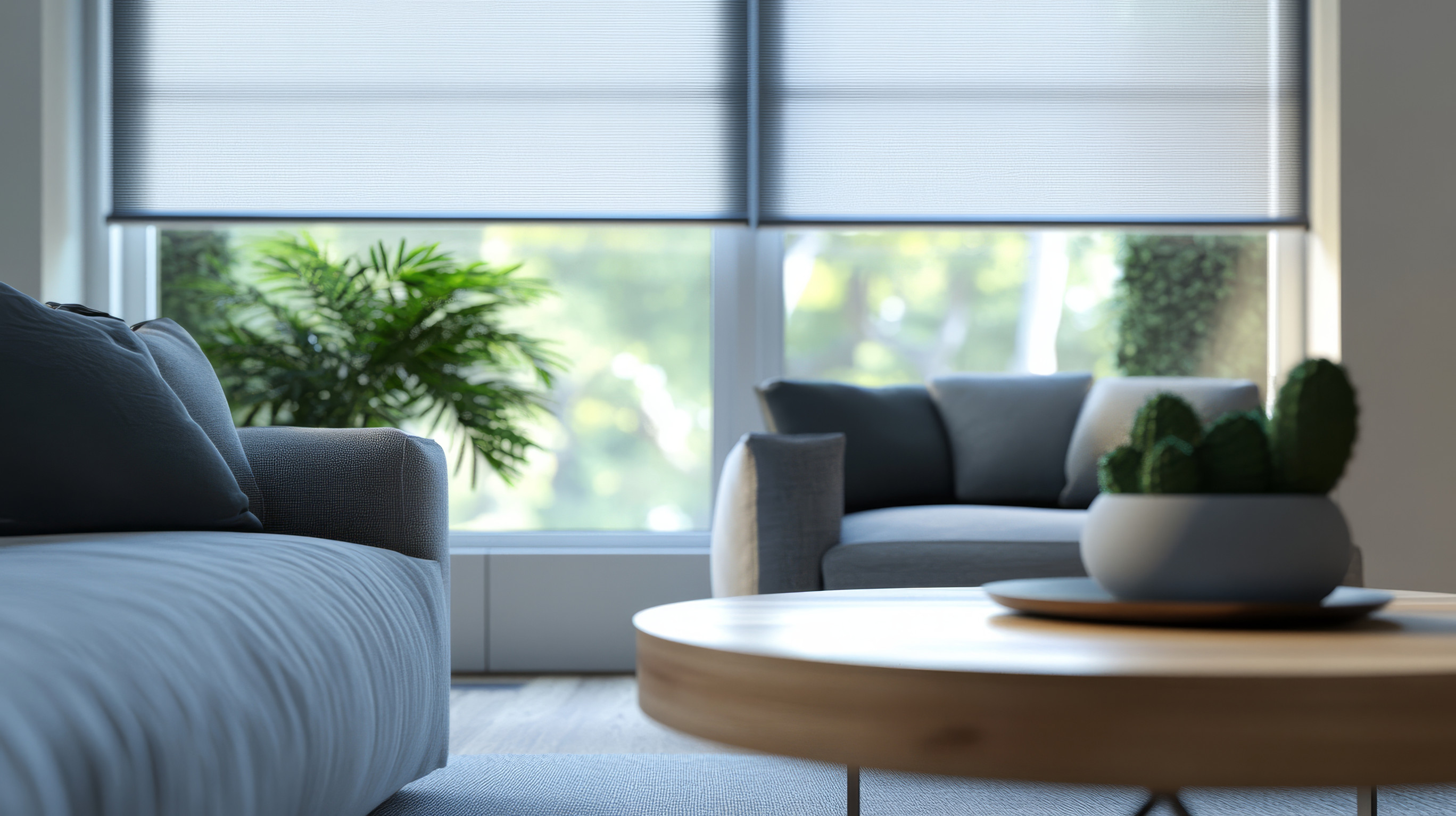Contemporary Living Room Featuring Motorized Roller Blinds and a Variety of Indoor Plants